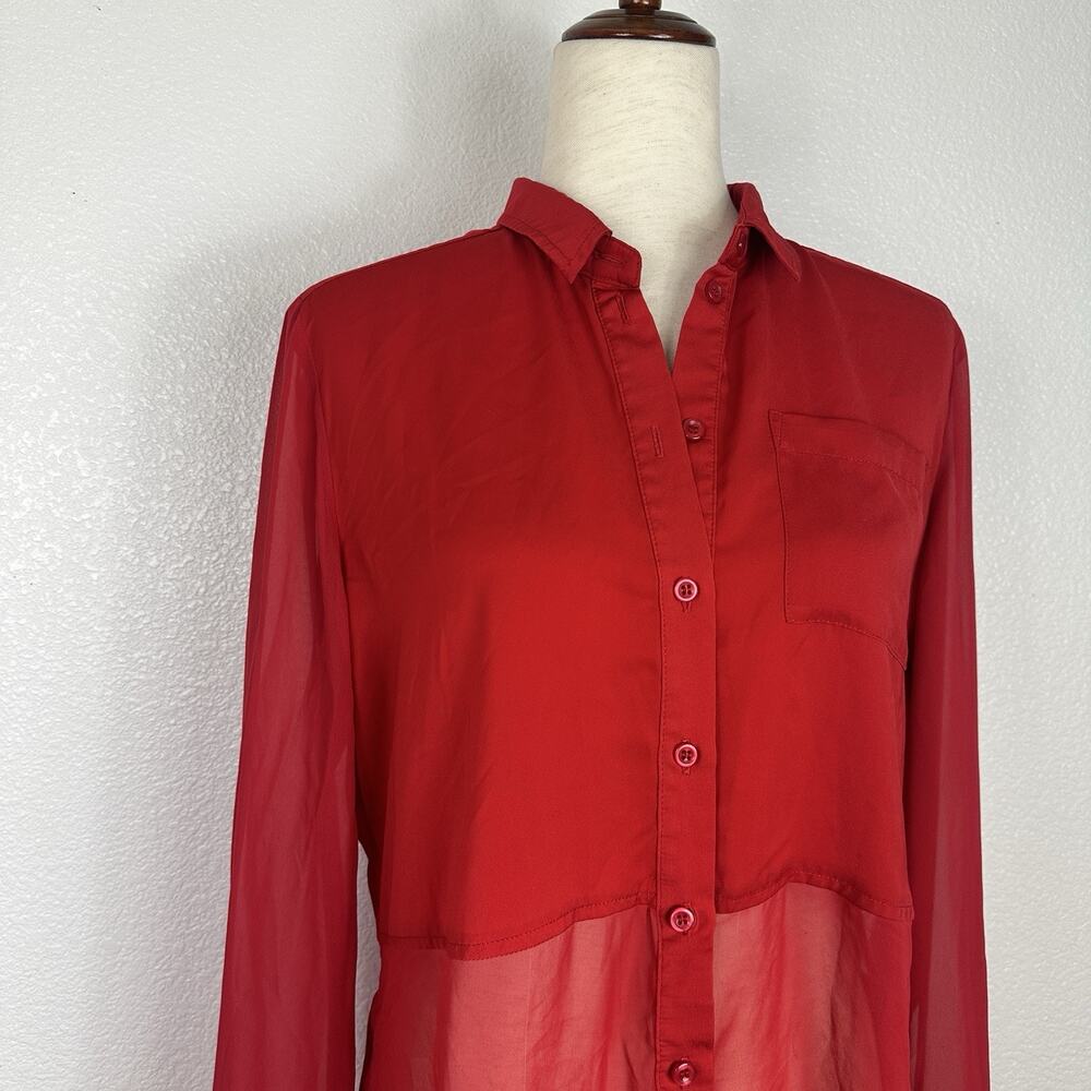 Free People Top Women Medium Red Long-sleeve Sheer Button Split Back Shirt - Picture 5 of 11